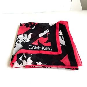 CALVIN KLEIN RED BLACK WHITE PRINT SQUARE SCARF SYNTHETIC BLEND FABRIC